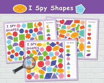 I Spy Shapes Worksheets, Kids Look and Find Counting Game, Preschool Printables, Homeschool Curriculum, Kindergarten Pre-k.