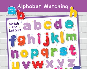 May include: A colorful alphabet matching game with uppercase letters in different colors. The letters are on a white background with colorful dots. The game says "Match the Letters" at the top.
