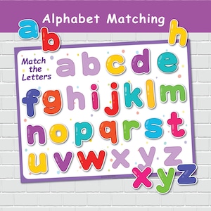 Activité d'association d'alphabets, lettres minuscules, page de livre chargée ABC, cartable d'apprentissage, ressource pour l'école à la maison