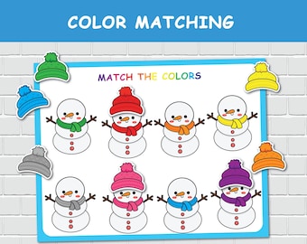 Può includere: Attività di abbinamento dei colori per bambini con un foglio di lavoro con sei pupazzi di neve e sei cappelli di diversi colori.  Abbina i colori dei cappelli ai pupazzi di neve. I colori includono rosso, arancione, giallo, verde, blu e viola.