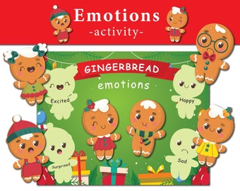 Activité imprimable d’émotions en pain d’épice pour les tout-petits, page du livre occupé sur les sentiments de Noël, école maternelle, école à la maison, jeu d’association d’apprentissage pré-maternelle