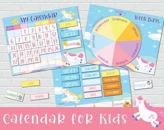 May include: A colorful printable calendar for kids featuring a unicorn theme. The calendar includes a monthly grid, a wheel showing days of the week, and separate cards for each month and season.