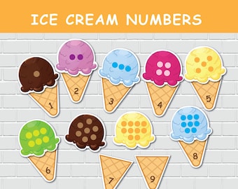 Ice Cream Numbers Matching Activity. Toddlers Sort and Match Game. Math Busy Book. Homeschool Resource. Kindergarten Pre-k.