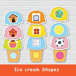 Activité d'association de formes de crème glacée pour enfants, livre chargé de formes 2D, apprentissage préscolaire, maternelle, programme d'enseignement à la maison.
