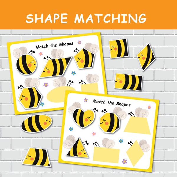 Bee Shape Matching Activity, 2D Shapes, Busy Book Page, File Folder Games, Special Education, Preschool Learning Binder.