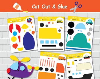 Cut Out and Glue. Transportation Theme Scissors Practice for kids. Preschool Crafts Activities. Fine Motor Skills.