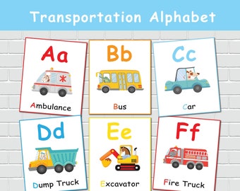 Tarjetas didácticas del alfabeto, tema de transporte, tarjetas didácticas imprimibles ABC, plan de estudios de educación en el hogar, aprendizaje preescolar.