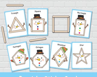 May include: A set of printable cards featuring different geometric shapes, each with a snowman illustration. The shapes include a triangle, square, rectangle, pentagon, octagon, rhombus, and star. The cards are labeled with the name of each shape and are designed for use with popsicle sticks.