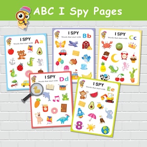 子供向けのABC I Spyの印刷可能なアクティビティ、アルファベット探しゲーム、幼稚園のワークシート、ホームスクールのカリキュラム、幼稚園の就学前学習