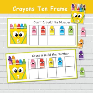 Puede incluir: Juego educativo Crayons Ten Frame con el texto "Crayons Ten Frame" y "Count & Build the Number". El juego incluye una caja de lápices de colores amarilla con los números 5, 7 y 10. Los lápices de colores son de varios colores.