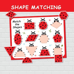 Activité d'association de formes de coccinelles, formes 2D, page de livre occupée pour l'été, jeux de classement, éducation spéciale, cartable d'apprentissage préscolaire.