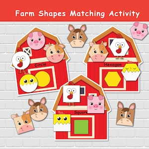 Activité d'association de formes de ferme, formes 2D, livre occupé pour tout-petits, jeux de classement, éducation spéciale, cartable d'apprentissage préscolaire.