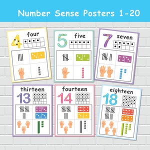 May include: A set of educational number sense posters, numbered 1-20. Each poster displays a number, its written form, a ten frame, tally marks, dice, and hand representations. The posters are in various colours, including yellow, green, purple, and pink.