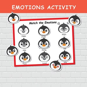 Atividade de emoções de pinguim, jogo de correspondência de sentimentos, jogos de pasta de arquivos, educação especial, fichário de aprendizagem pré-escolar.