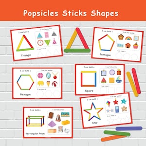 Atividade de formas de palitos de picolé para pré-escola e jardim de infância, habilidades motoras finas, currículo escolar em casa, educação especial.