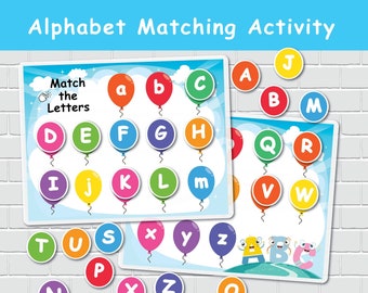 Juego de combinación de letras para niños. Hojas de trabajo de aprendizaje ABC imprimibles para niños pequeños. Aprendizaje de letras en preescolar. Recurso de educación en el hogar.