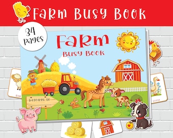Könnte beinhalten: Ein farbenfrohes Bauernhof-Bilderbuch mit 34 Seiten. Der Einband zeigt einen roten Stall, einen Traktor, ein Pferd, eine Kuh, einen Vogelscheuche, eine Sonne und ein Schwein. Das Buch ist perfekt für kleine Kinder, um etwas über Bauernhoftiere und Aktivitäten zu lernen.
