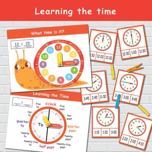 May include: A colorful educational chart for learning to tell time. The chart features a clock with a snail, and a table with different ways to say the time. The chart also includes several smaller clocks with different times.