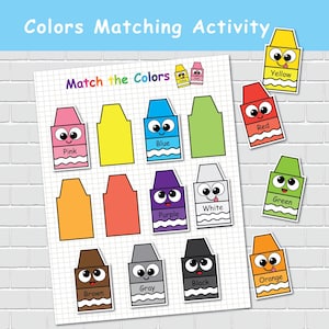 Pode incluir: Uma folha de atividades educativas colorida intitulada "Colors Matching Activity". A folha apresenta lápis de cor de desenho animado em várias cores, incluindo rosa, amarelo, azul, verde e laranja. O texto "Match the Colors" é exibido no topo.