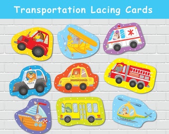 Transportation Lacing Cards, Preschool Fine Motor Skills Activity, Toddler Lacing Practice,Montessori Tying Toy, Vehicles Learning Activity.