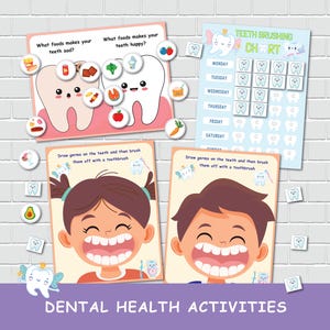 Actividad imprimible de salud dental para niños en edad preescolar, tabla de cepillado de dientes, actividad de cuidado dental, páginas de libro de actividades.