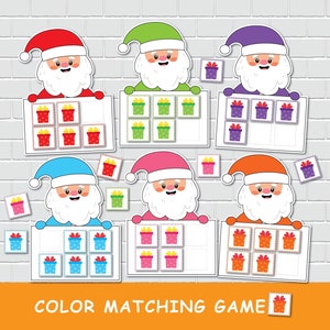 子供向けサンタカラーマッチングアクティビティ、クリスマステーマアクティビティ、幼児向け印刷物、モンテッソーリ教材、ホームスクールカリキュラム