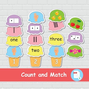 Activité à imprimer avec les numéros assortis de crème glacée pour les enfants. Ressource pour l'école à la maison. Jeu de comptage et d'association. Apprentissage de la maternelle à la maternelle