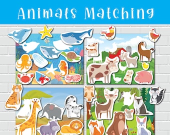 May include: A colorful educational matching game for kids featuring various animals. The game includes a variety of animals, including a cow, a giraffe, a zebra, a lion, a fox, a bear, a deer, a wolf, a rabbit, a pig, a chicken, a turtle, a starfish, a seahorse, a crab, an octopus, a whale, a shark, and a fish. The game is designed to help children learn about different animals and their habitats.