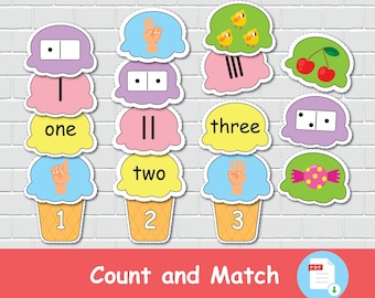May include: A colorful educational counting and matching game for kids.  The game features ice cream cones with numbers, words, and pictures to match.  The game includes a PDF download icon.