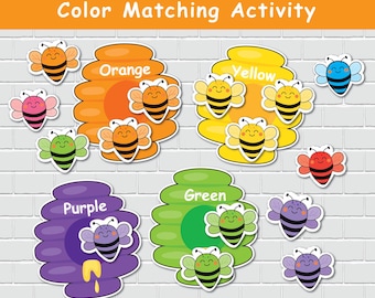 Bee Color Matching Game, Printable Preschool Color Sorting Activity for Kids