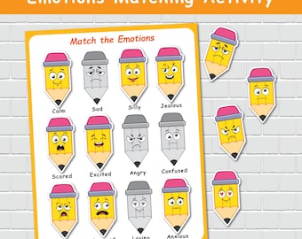Crayons, activité émotions pour enfants, impressions d'âge préscolaire sur les sentiments, jeu d'association des émotions, activités pour l'autisme, cartable d'apprentissage