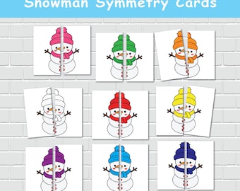 Snowman Symmetry Cards, Winter Game, Color Matching Activity