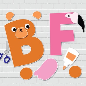 May include: A craft project to make the letters B and F. The letter B is orange and has a bear face on it. The letter F is pink and has a flamingo head on it. The craft project includes scissors, glue, and orange and pink paper.