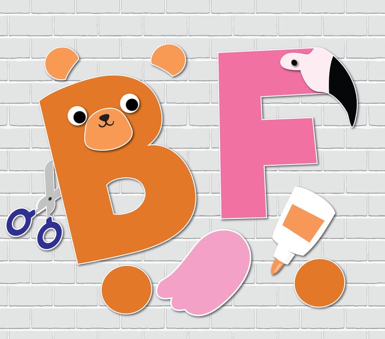 May include: A craft project to make the letters B and F. The letter B is orange and has a bear face on it. The letter F is pink and has a flamingo head on it. The craft project includes scissors, glue, and orange and pink paper.