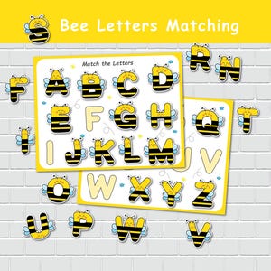 子供向けのミツバチ文字マッチングアクティビティ、夏のお絵かきブック、アルファベット印刷物、ホームスクールカリキュラム、就学前学習