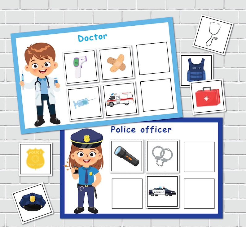 May include: A printable worksheet for kids to match the images of a doctor and a police officer with their corresponding tools and equipment. The worksheet includes images of a stethoscope, a bandage, a thermometer, a syringe, an ambulance, a flashlight, handcuffs, a police badge, and a police car.