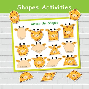 Puede incluir: Un colorido juego educativo titulado "Shapes Activities" con el texto "Match the Shapes". El juego presenta varias formas como elipse, corazón, cuadrado, hexágono, rombo, triángulo, pentágono, semicírculo y paralelogramo, cada una con una cara de jirafa.