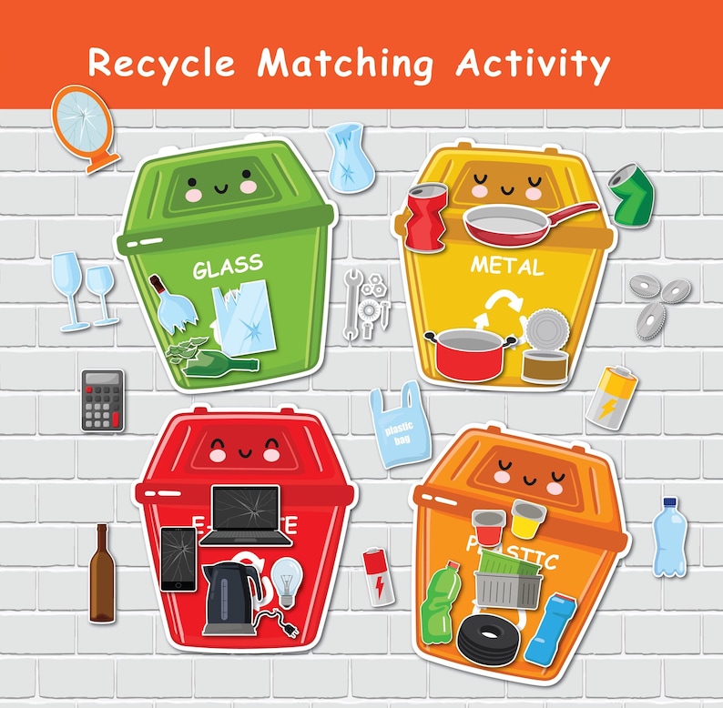 Actividad de emparejamiento de reciclaje para niños, imprimible del Día de la Tierra, juego de clasificación de reciclaje imagen 1