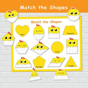 Activité d'association de formes de poussins, formes 2D, page de livre occupée à la ferme, jeux de classement, éducation spéciale, cartable d'apprentissage préscolaire.
