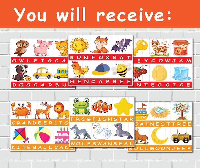 May include: A collection of colorful educational cards for children, featuring illustrations of animals, objects, and words. The cards include images of an owl, pig, cat, sun, fox, bat, key, cow, jam, dog, car, bus, hen, cap, bee, ant, egg, ice cube, crab, deer, lion, frog, fish, star, boat, nest, tree, kite, ball, cake, wolf, swan, seal, bull, moon, and jeep.