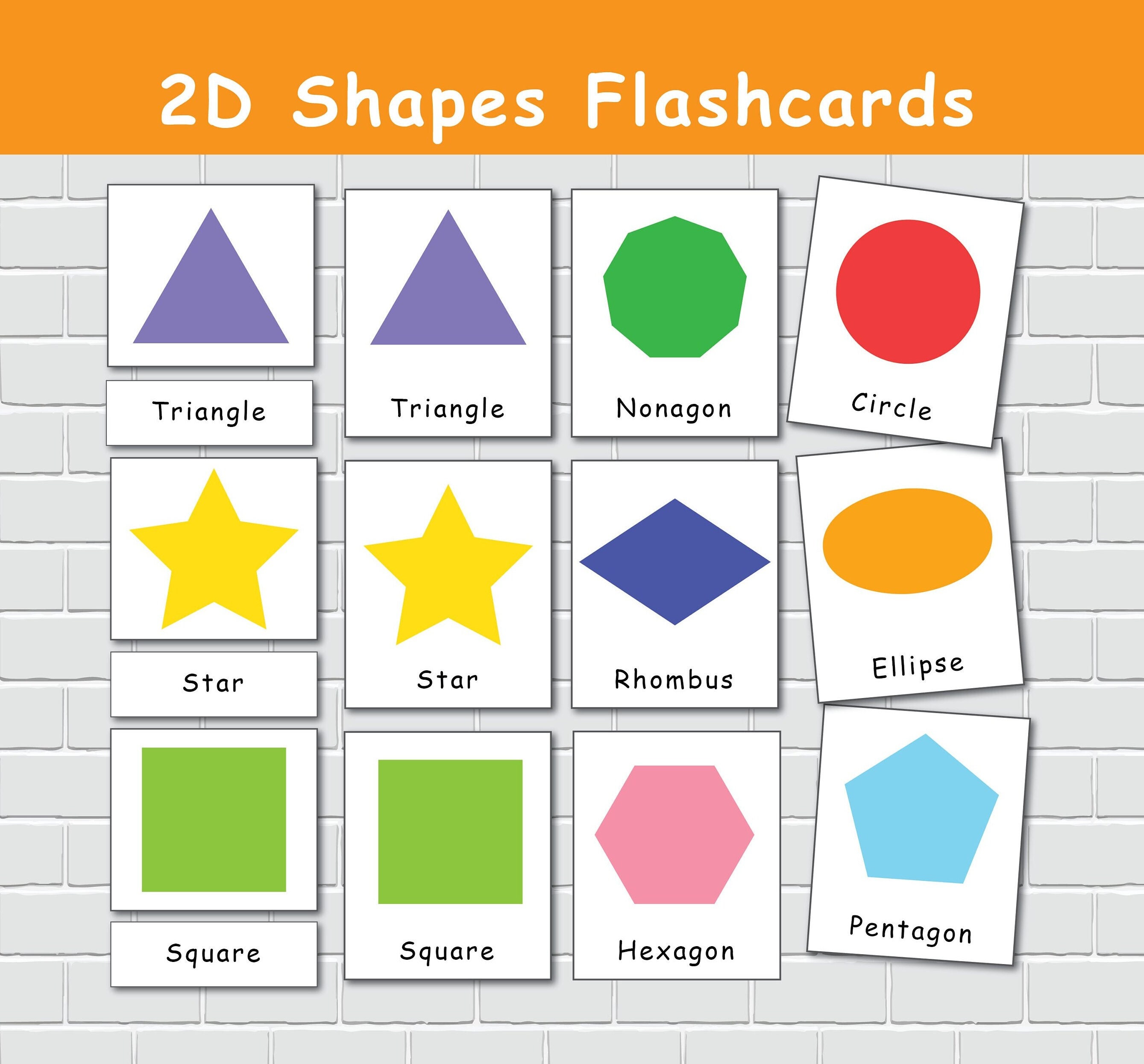 Learn basic 2D shapes with their vocabulary names in English. Colorful shape  flash cards for preschool learning. Illustration of a simple 2 dimensional  flat shape symbol set for education. 12484546 Vector Art