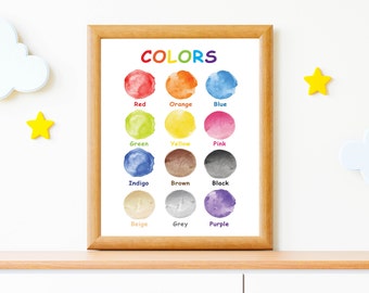 Póster educativo de colores para niños, decoración de aula Montessori, aprender colores, arte de pared para sala de juegos, póster escolar, arte de pared para guardería.