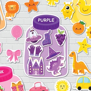 May include: A purple jar with a label that says "PURPLE" and contains various purple objects, including a spaceship, a boot, grapes, gloves, a witch's hat, a castle, and a dinosaur.