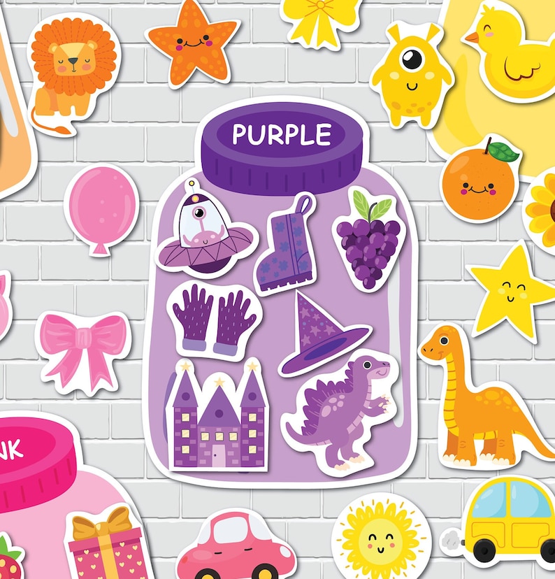 May include: A purple jar with a label that says "PURPLE" and contains various purple objects, including a spaceship, a boot, grapes, gloves, a witch's hat, a castle, and a dinosaur.