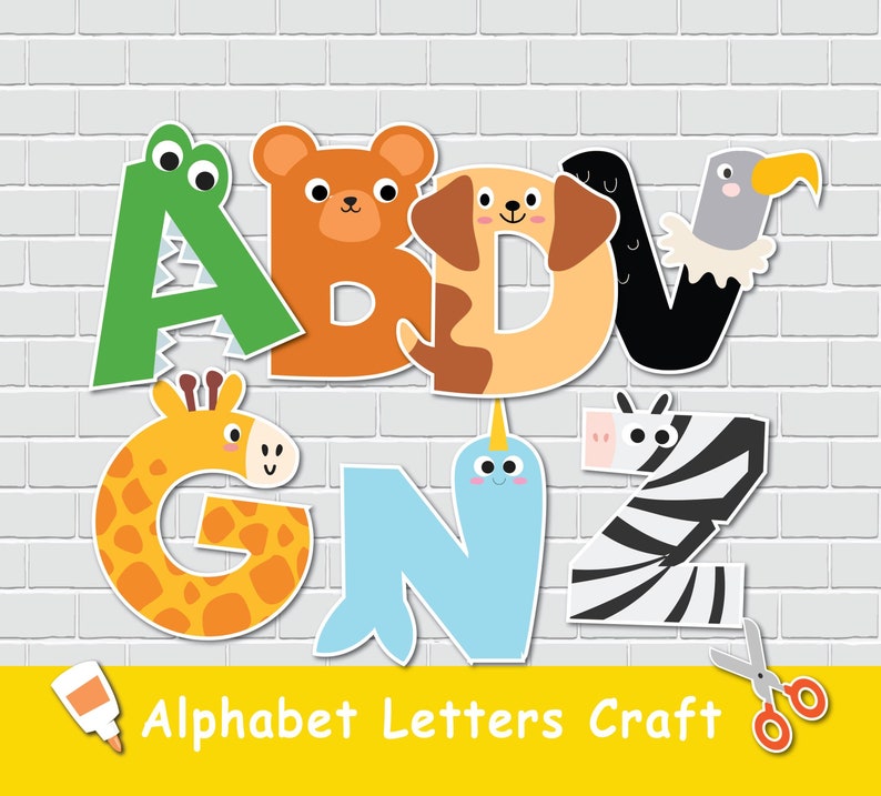 May include: Alphabet letter craft with animal illustrations. The letters are A, B, D, G, N, and Z. Each letter is decorated with a different animal, such as a crocodile, bear, dog, giraffe, narwhal, and zebra.