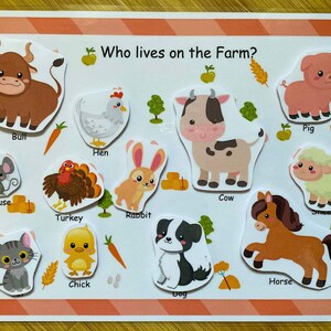 May include: A colorful illustration of farm animals, including a bull, hen, cow, mouse, turkey, rabbit, horse, chick, dog, pig, and sheep. The text "Who lives on the Farm?" is at the top of the image.