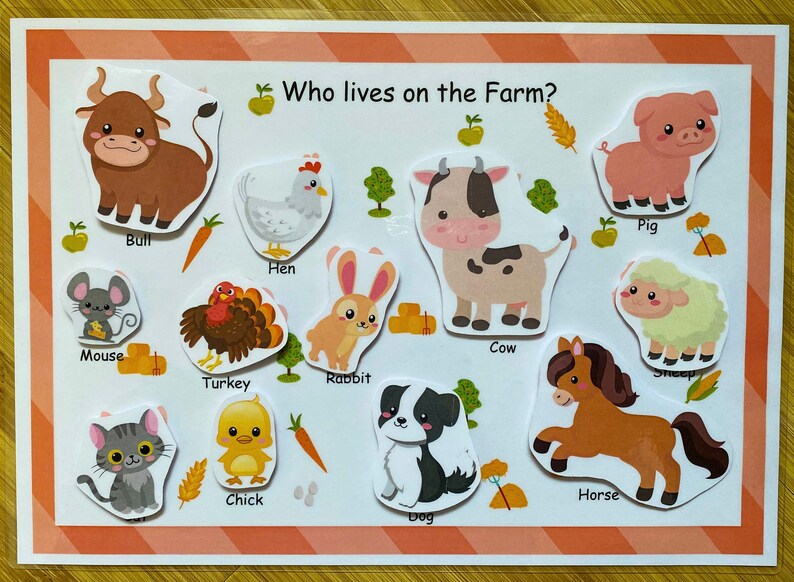 May include: A colorful illustration of farm animals, including a bull, hen, cow, mouse, turkey, rabbit, horse, chick, dog, pig, and sheep. The text "Who lives on the Farm?" is at the top of the image.