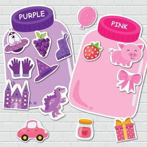 May include: Two glass jars with lids, one purple and one pink. The jars are decorated with various stickers, including a purple grape, a pink pig, a purple castle, and a pink bow. The jars are labeled "PURPLE" and "PINK".