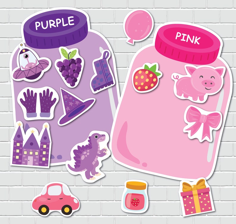 May include: Two glass jars with lids, one purple and one pink. The jars are decorated with various stickers, including a purple grape, a pink pig, a purple castle, and a pink bow. The jars are labeled "PURPLE" and "PINK".