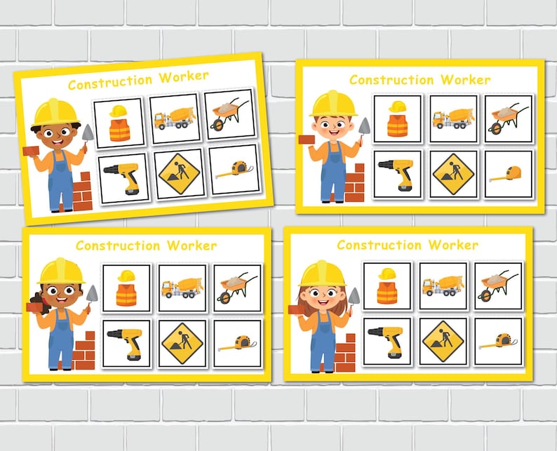 May include: Four printable activity cards featuring a construction worker with a yellow hard hat and a variety of construction tools and equipment. The cards are labeled "Construction Worker" and each card has nine squares with images of a construction worker, a safety vest, a cement mixer, a wheelbarrow, a tool belt, a wrench, a traffic sign, a measuring tape, and a brick.